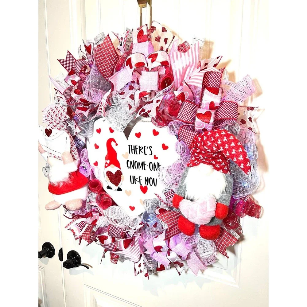 XL Handmade Valentine’s Gnome-one Like You Ribbon Prelit Wreath 26 ins LED XLW7